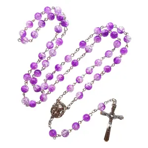 Purpe Bead Cross Pendant Rosary Necklace Christian Jewelry Ornament Unisex