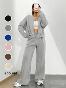 Two-piece Set Women's Solid Zip Up Jacket & Drawstring Waist Wide Leg Pants, Casual Fashion Cozy Breathable Outfits for Daily Outdoor Wear, Women Clothes for Fall & Winter, Womenswear