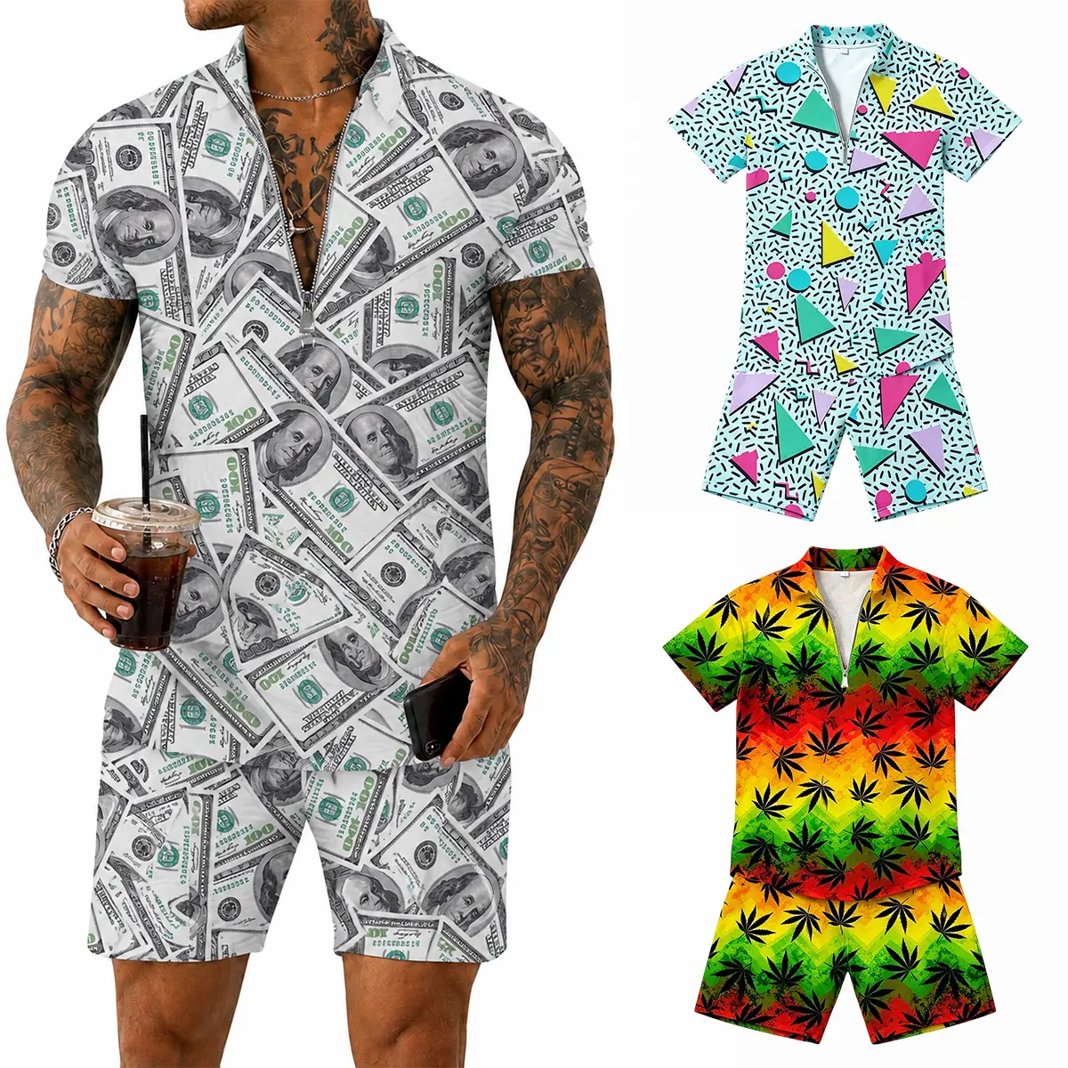 Men's 2 Piece Hawaiian Outfit Lightweight Casual Short Sleeve Zip Shirt and Shorts Set Tropical Floral Palm Print Quick Dry Beach Vacation Set Summer Tracksuit for Men Cruise Resort Pool Party Travel Holiday Wear M-3XL