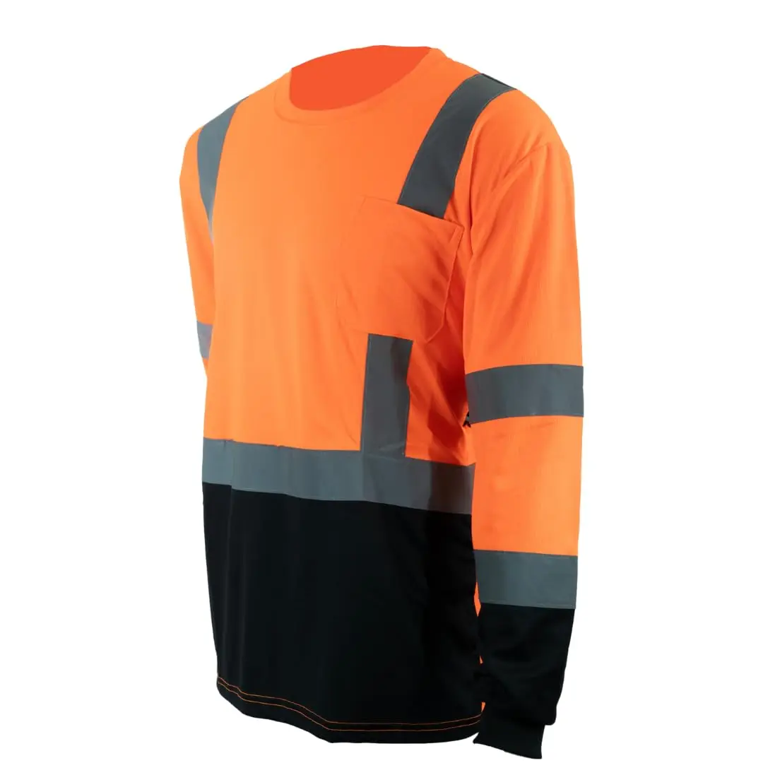 Homiegear High Visibility T Shirt for Men Women | Reflective Long Sleeve T Shirts | Safety Work T Shirts with Black Bottom (US, Alpha, 3X-Large, Regular, Regular, Orange)