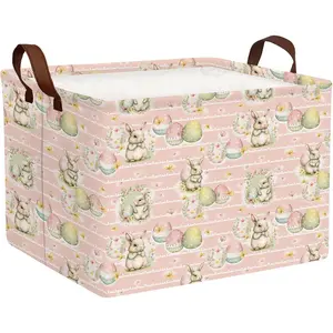 Large Empty Cute Easter Basket Gift Storage Bin for Kid Room Bunny Egg Decor (Pink-02)