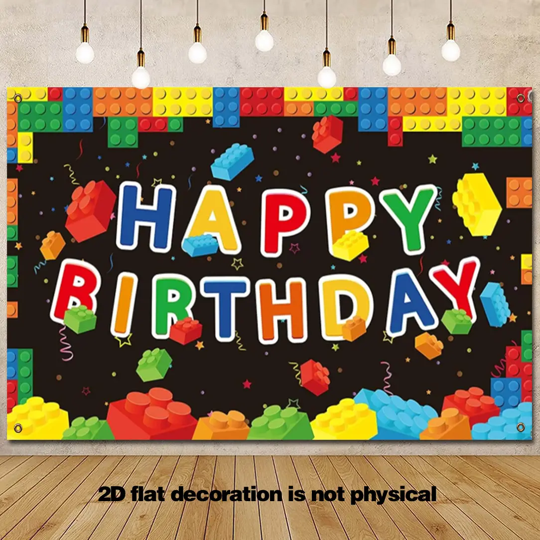 2D Flat 1pc Building Blocks Happy Birthday Banner Colorful Blocks Birthday Party Decorations Polyester Backdrop Photography Background for Building Block Theme Party Supplies, First Birthday Decorations, Black props size is 43.3*70.9in Photo Backdrops