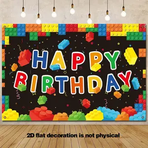 2D Flat 1pc Building Blocks Happy Birthday Banner Colorful Blocks Birthday Party Decorations Backdrop Photography Background for Building Block Theme Party Supplies, Black props size is 43.3*70.9in Photo Backdrops