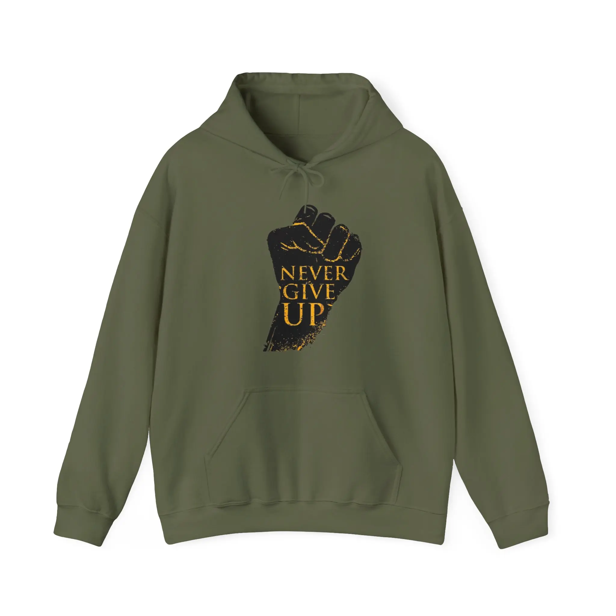 Heavy Blend 'Never Give Up' Motivational Hoodie by Gildan -Unisex Classic Fit, Spacious Kangaroo Pocket, Cotton-Polyester Fabric, Drawstring Hood - Available in Multiple Colors