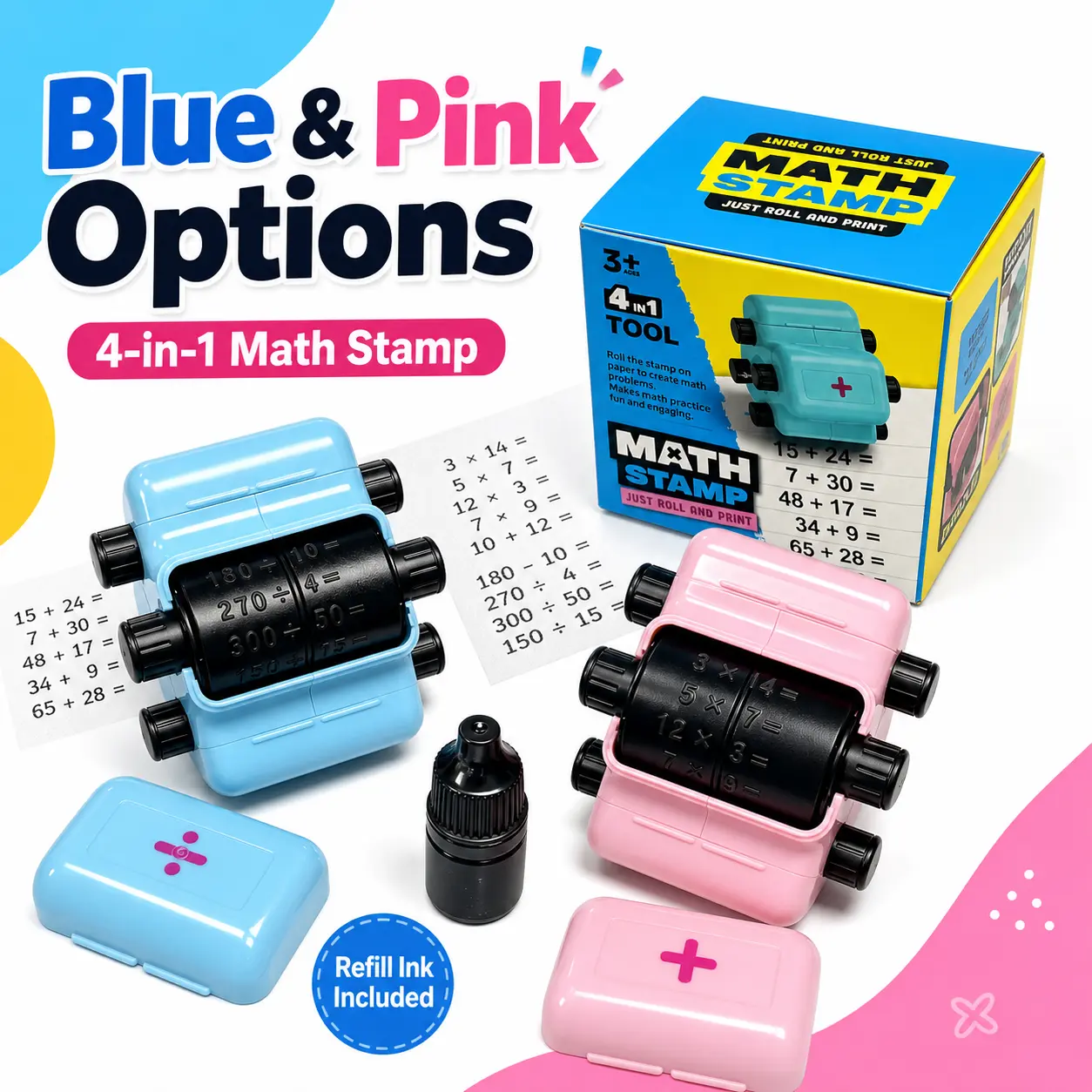 Kids math roller stamps, reusable, with addition, subtraction, multiplication, and division problems, educational math toy, suitable for toddlers and school-aged children