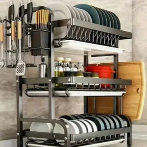 Dish Rack, Three-Tier Space-Saving Kitchen Countertop Dish Rack, Metal Kitchen Countertop Storage Rack And Shelf With Cutting Board, Large-Capacity Dish Drainer, Three-Tier Kitchen Dish Rack With Dish Rack, Dish Rack For Dishes, Knives, Spoons, And Forks