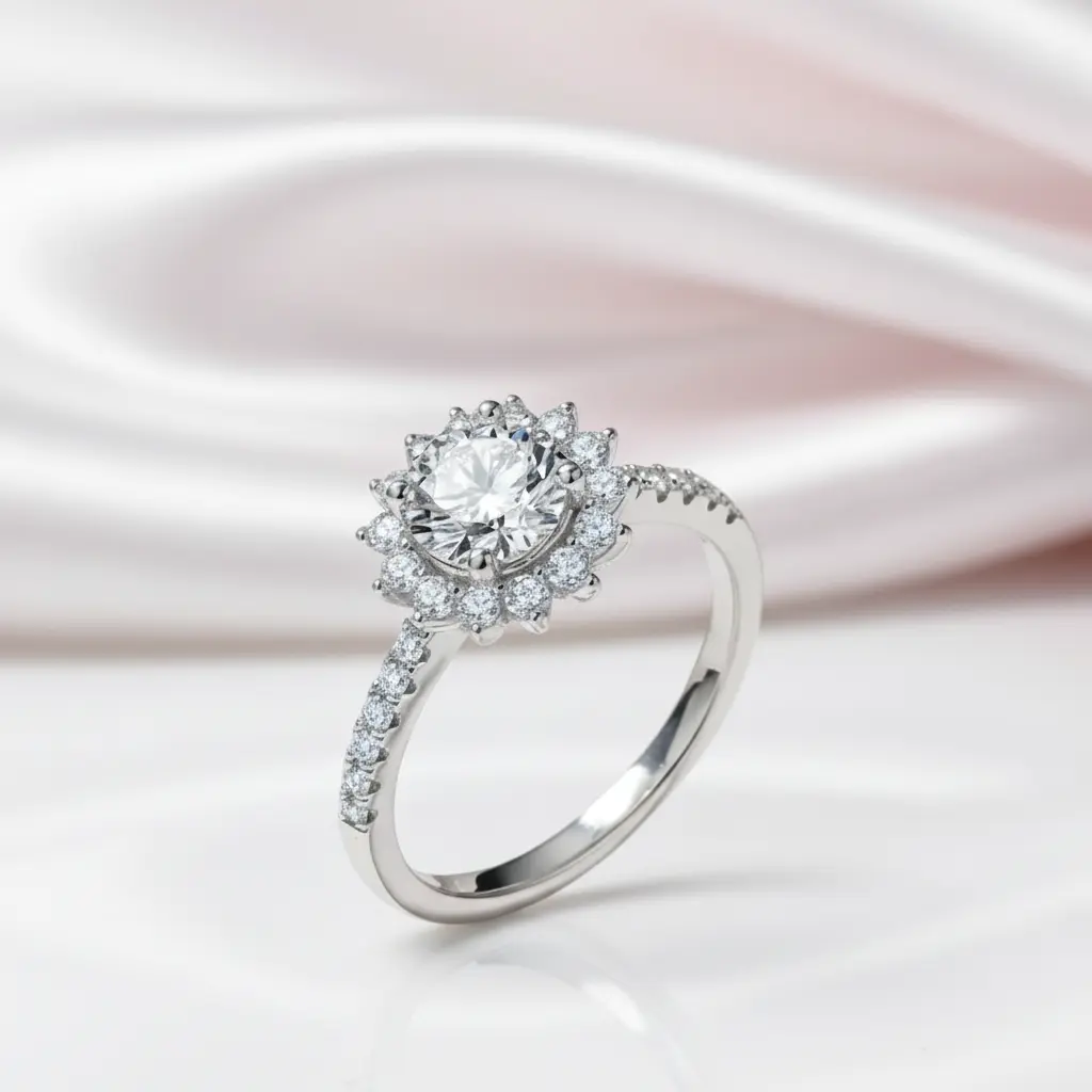 1.0Ct 6.5mm VVS1 Diamond Option Sun Flower Engagement Ring
