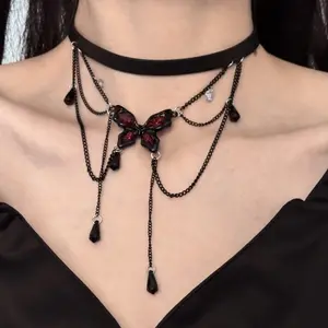 Women's Vintage Temperament Enamel Blue-Black Butterfly PU Choker Necklace - Statement Piece, Butterfly Necklaces, Alternative, Artistic, Decorative Charm Costume Jewelry Accessory