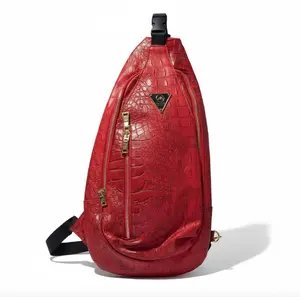 Mint Leather Sling Backpack Red Croc Pattern Crossbody Bag Zipper Stylish