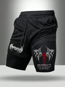 Men's Two-In-One Gym Shorts, Gothic Cross and Philippians 3:14 Graphic Print, Anti-Chafe Lining, Ideal for Running and Street Style