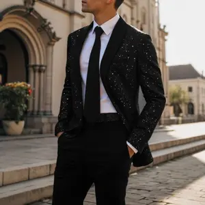 Men's Casual Shiny Polyester Long-Sleeve Suit Jackets, 2026 Trendy Clothes for Banquet, Wedding Party Tops with Premium Fabric