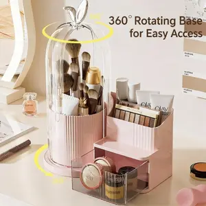 Multifunctional Rotating Makeup Storage Box, Multilayer Storage, Dustproof Brush Holder with Lid, Compartment Office Stationery Organizer, 1 Pack