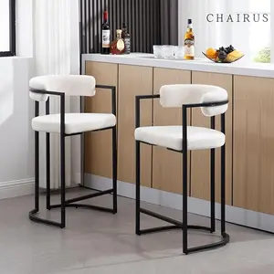 CHAIRUS 26 Inch Sherpa Modern Bar Stools Set of 2 Faux Fur Upholstered Bar Chairs with Metal Base Footrest, Kitchen Counter Chairs for Home Bar/Pub/Dining Room/Kitchen Island, White