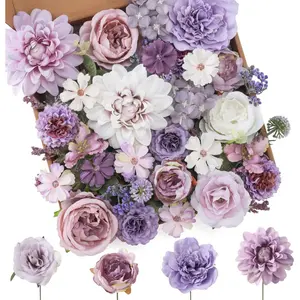Artificial Flower Mix Purple Flowers mixed silk dahlia roses with stems, for DIY wedding bouquets, baby parties, floral arrangements, table centerpieces, home decor, Artificial Outdoor Flowers.