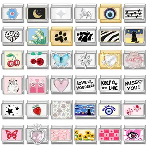 Hot Blue Night Sky Cat Cherry Italian Charms Fit 9mm Stainless Steel Women Fashion Bracelet DIYJewelry Gifts Gift for love