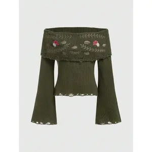 Y2K Off The Shoulder Sweater Cottage Core Vintage Sweater Distressed Long Bell Sleeve Mushroom Knit Pullover