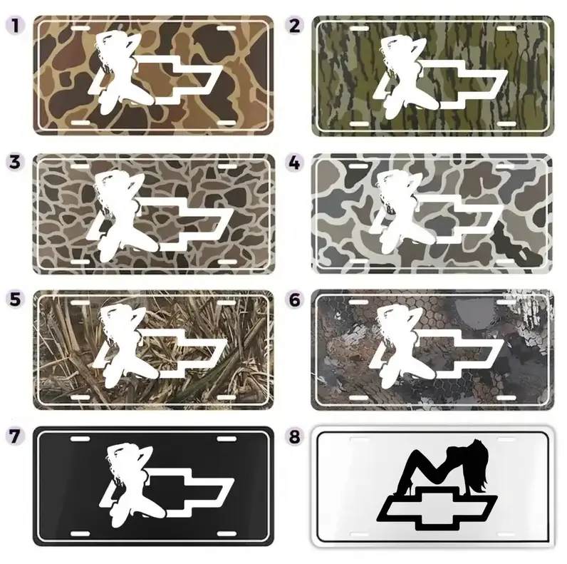 [Chevy Truck, Pin-up Girl & Camouflage Vibe] Chevrolet'ss Bowtie Pin-up Girl Camouflage Aluminum License Plate, Chevy Front Car Tag, Country Truck Vehicle Vanity Decor
