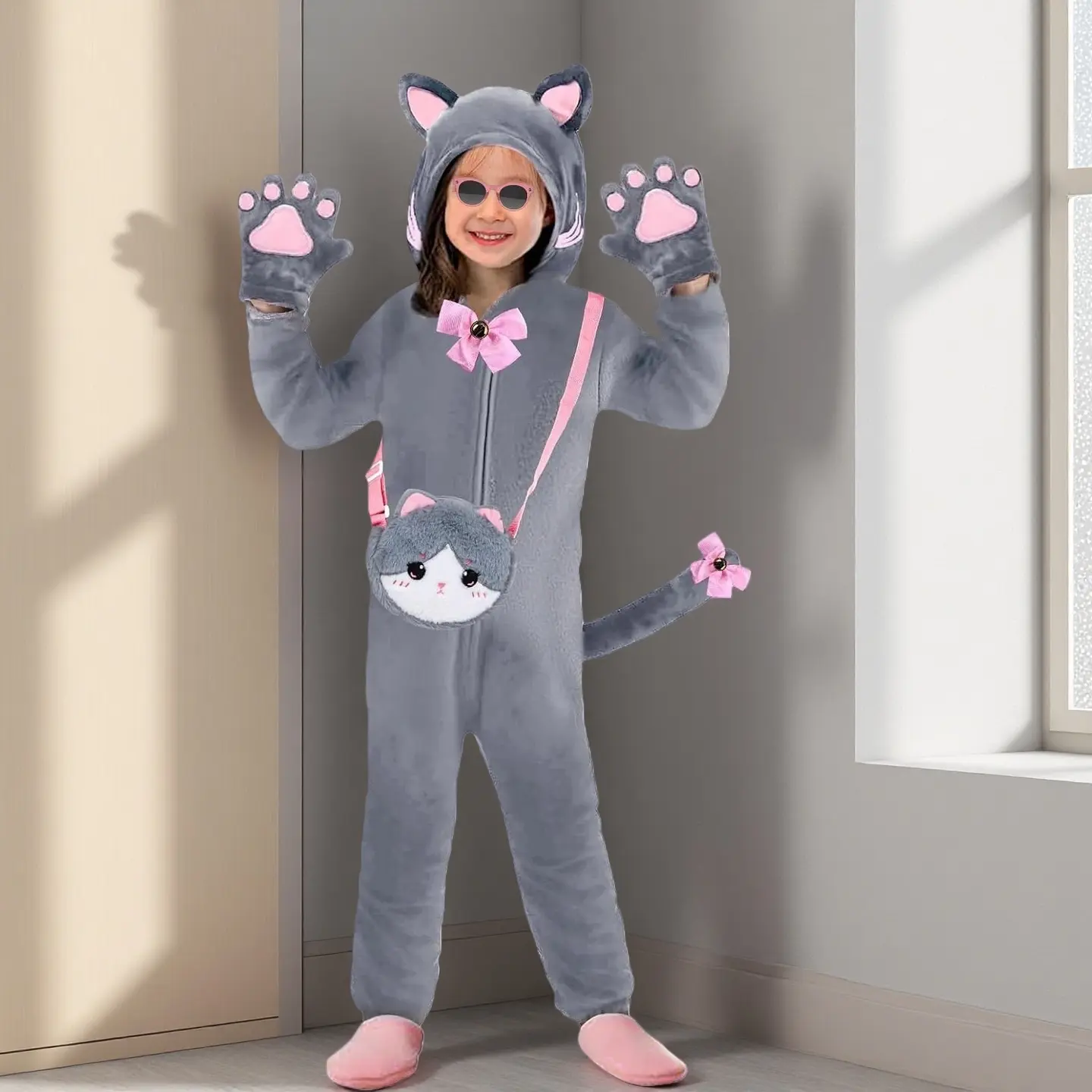 Girls Cat Costume, Flannel Onesie for Kids Halloween with Ears, Tail with Bow, Paws, and Purse Bag, 7-8 Years, 5 - 6 Years