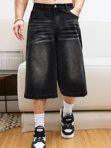 Men's Whisker Design Capris Denim Pants, Street Fashion Streetwear Casual Comfy Pocket Jeans for Daily Wear, Mens Bottoms for Summer, Fitted, Plain, Menswear