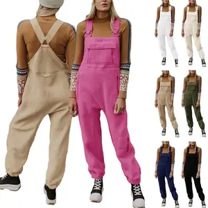 Women's 100% Polyester Fleece Warm Overalls, Strappy Adjustable Buckle Straps, Sleeveless Elastic V-Neck Off-Shoulder Rompers, Loose Casual Winter Comfy Jumpsuits with Pockets Front Zipper Pouch Rhinestone Salopettes for Everyday Wear