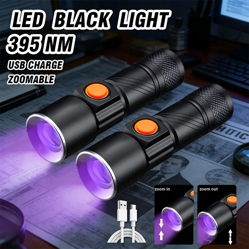 UV Light Rechargeable USB Flashlight Banknote inspection 395nm Blacklight money marker bill detector pen Ultraviolet Wood's Lamp LED Portable Mini Handheld Pocket Torch Detector for Dog Urine Pet Stains Anti-counterfeiting keychain
