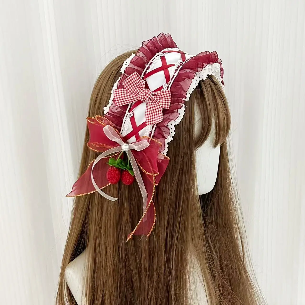 Sweet Lolita Cute Fabric Handmade Piece Unisex Hair Accessory, Strawberry Headband with Ruffled Lace, for Cosplay & Tea Party, Red Strawberry Headband, Romantic Headbands