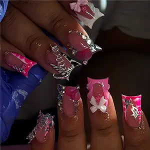 24 Pcs 3D Duck Bill Nail Tips, Butterfly Cow Print Star Design, Rhinestone Chain Decor, Glossy Gel False Nails, Y2K Style, Reusable, Nail Art