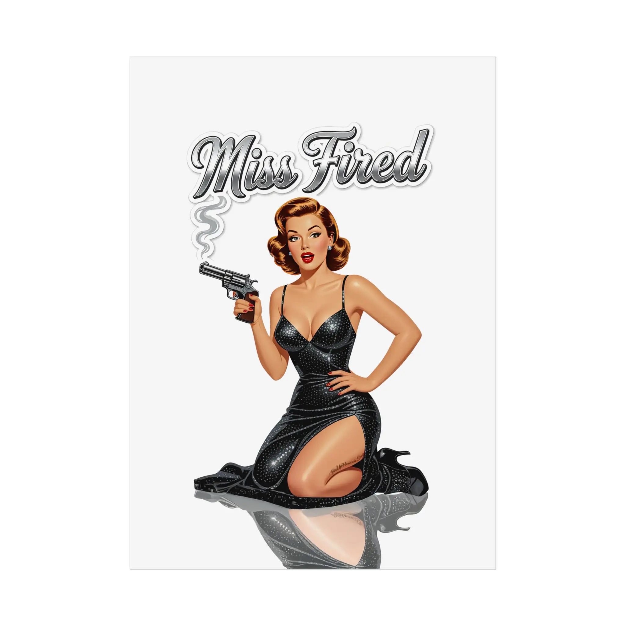 Miss Fired Vintage Pin Up Poster, Retro Glam Gun Pin Up Girl, Classic 1950s Style Rolled Print, Pin Up Heaven Collection
