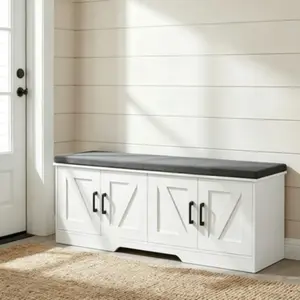 2-Tier Entryway Storage Bench, 47.2 Inch Wide Shoe Bench with Soft Padded Seat Cushion, Entry Cabinet with 4 Barn-Style Doors and Adjustable Inner Shelf, White Finish