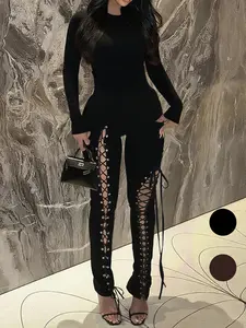 Women's New Fashion Sexy Hollow Out Tie Waist Bodycon Long Romper Jumpsuit, Tight-Fitting Plain Fabric, Fall & Winter Style