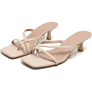 Women's Strappy Kitten Heels Flip Flops Square Open Toe Low Heels Fashion Party Dress Thong Heeled Sandals