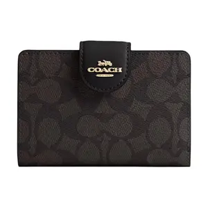 Coach Signature Canvas Wallet for Women with Snap Closure, Walnut and Black Leather