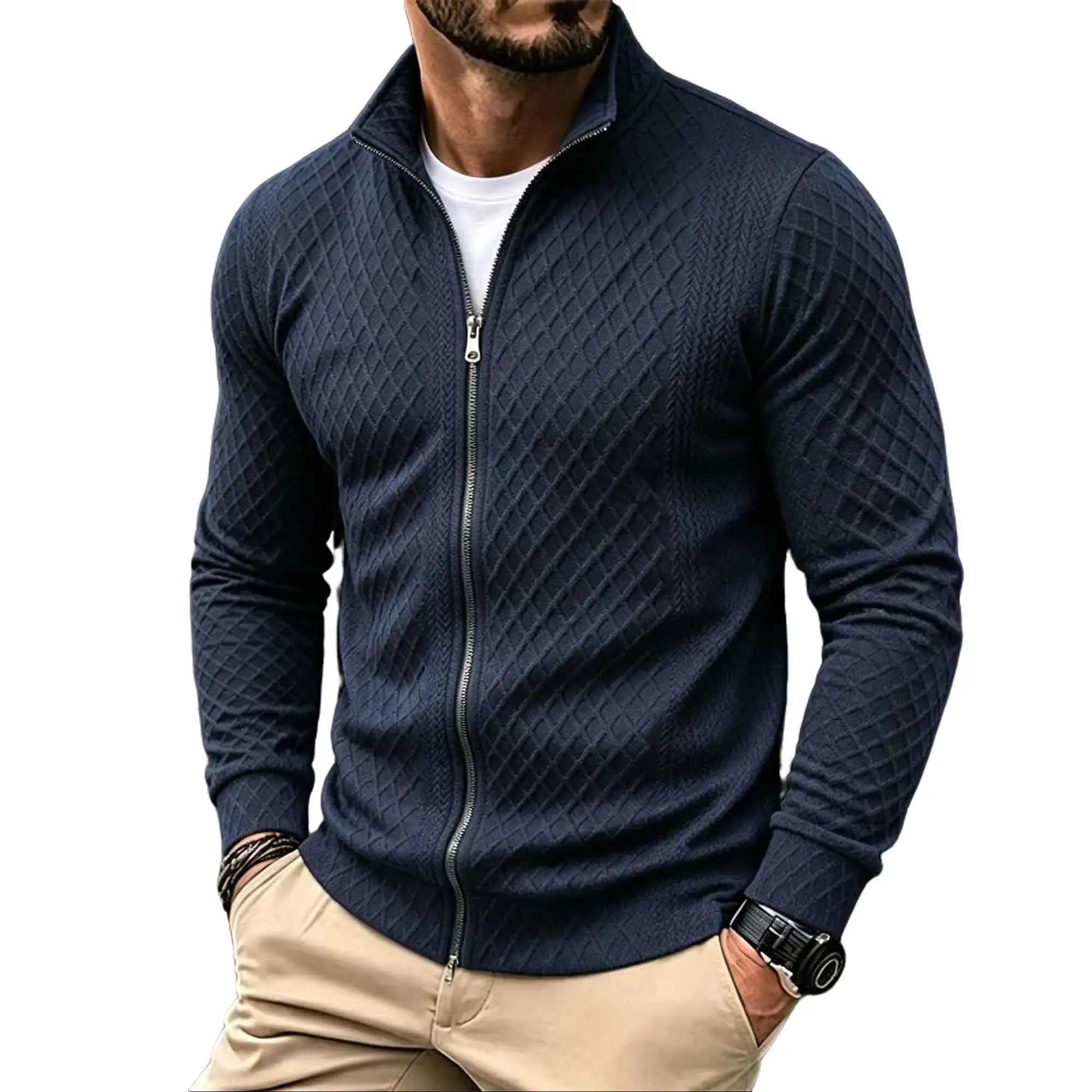 Men’s navy textured zip jacket with a stand collar and lightweight quilted construction; suitable for casual wear in spring and autumn; slim-fit urban outerwear.