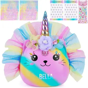 Piggy Bank for Kids Unbreakable Money Bank Large Piggy Bank with DIY Stickers Skirt Cute Cat Coin Bank for Girls Birthday Baby Shower Christmas Easter, Pink