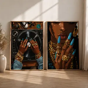 Black Girl Luxury Wall Art Set of 2, DJ Vinyl Record Poster, Glam Fashion Print, Afro Urban Decor