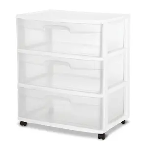 Sterilite At Home 3 Drawer Wide Storage Cart Container with Casters (4 Pack)