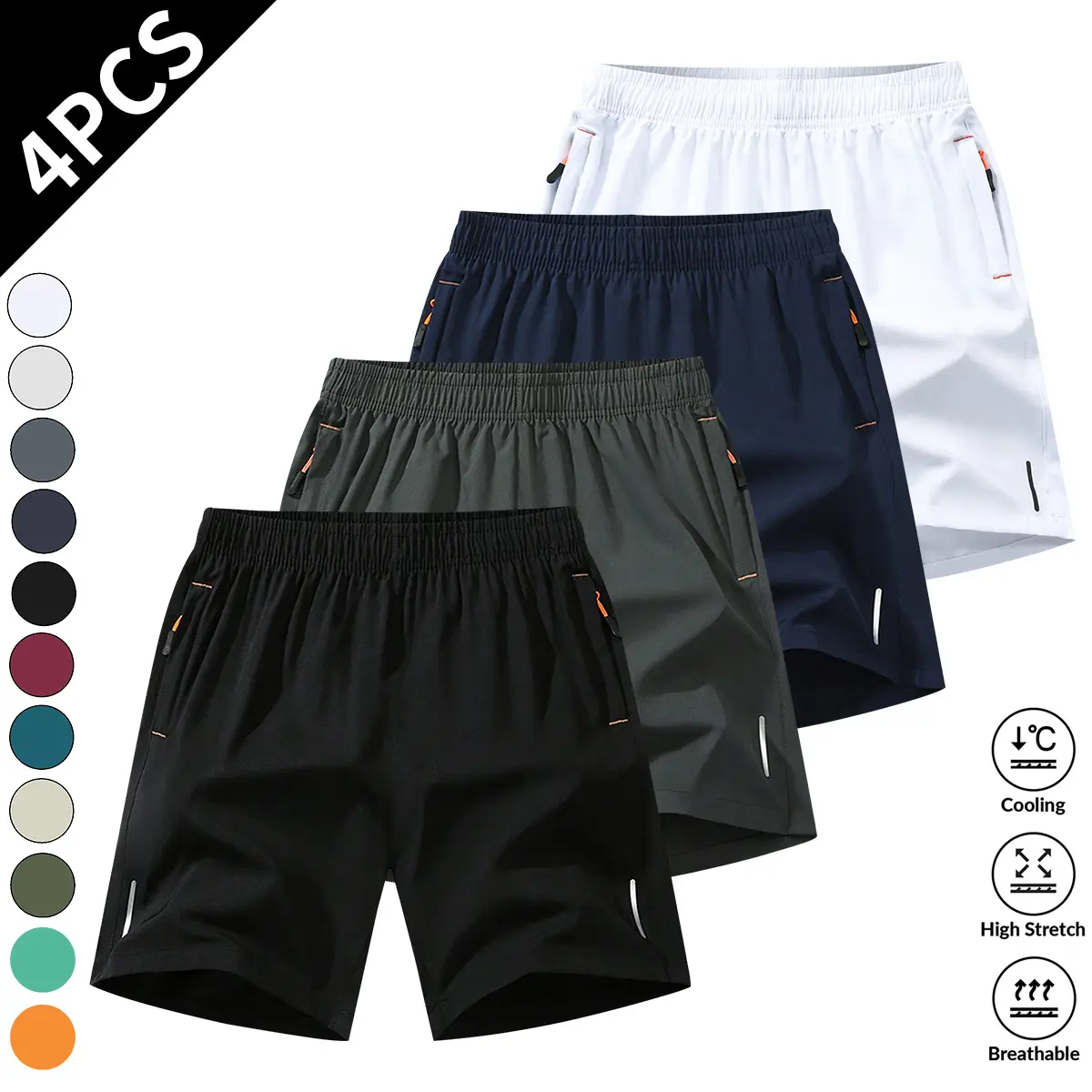 4PCS Men’s Solid Color Drawstring Shorts with Zipper Pockets, Menswear, Machine Washable, Casual Sport Style Shorts for Beach Vacations, Breathable Summer Men’s Sports Bottoms, Energetic Summer Shorts, Father’s Day Collection