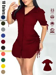 Women's Sexy Basic V Neck Button Shirtwaist Mini Dress, Slim-Fit Woven Fabric, All-Season Casual Wear, Perfect for Any Occasion