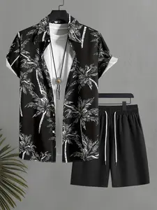 Summer Men's Short Sleeve Shirt Set, Street Beach Casual Coconut Tree Landscape Shirt + Comfortable Shorts Two-Piece
