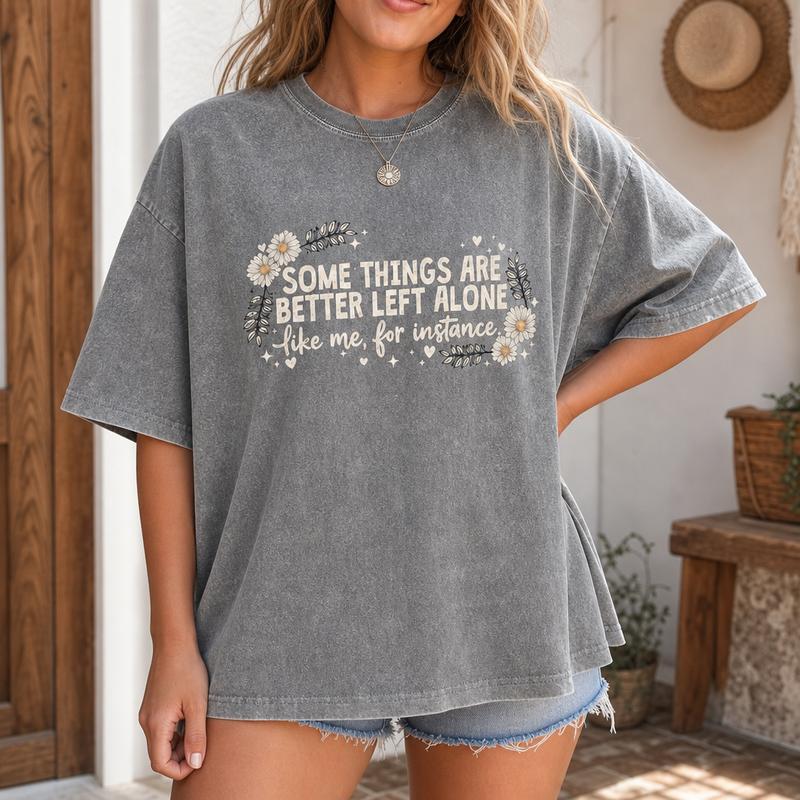 Floral Leave Me Alone Graphic Tee for Women, Washed Cotton Oversized Introvert Shirt S-5XL
