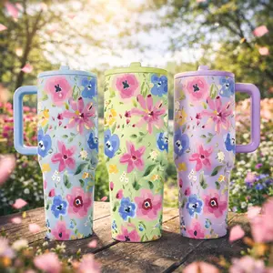 1pc 40oz Stainless Steel Floral Tumbler With Handle And Lid, Insulated Travel Mug, Insulated Flask, Double Wall Vacuum Cup Keeps Drinks Cold 12H Hot 6H, Coffee Cup For Car Office Outdoor Picnic Gift For Women Mom Friends