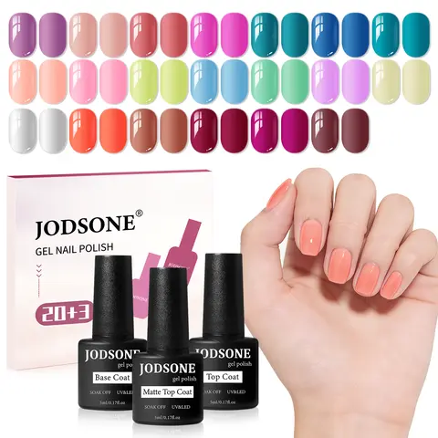JODSONE 20-Color Vibrant High-Shine Gel Polish Kit, 3 PCS Included: Base Coat, Matte & Glossy Top Coats