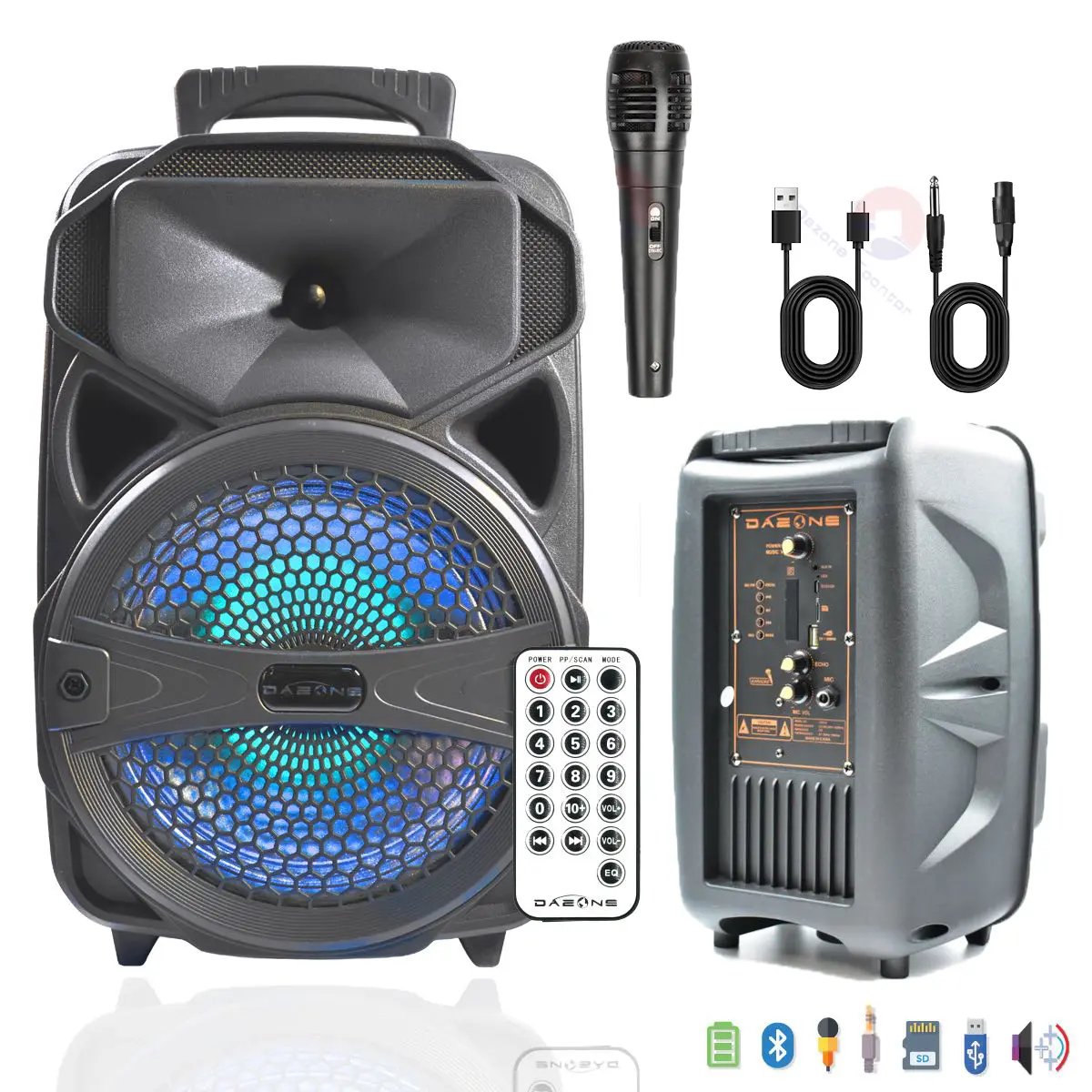 Dazone 8 Inch Portable 1000 watts Bluetooth Speaker Rechargeable with Bluetooth/USB/TF Card/AUX/Mic/Remote, True Wireless Stereo, 30 Feet Bluetooth Range for Outdoor Party