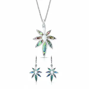 Rainbow Abalone Marijuana Leaf Necklace & Earrings Jewelry Set Sterling Silver