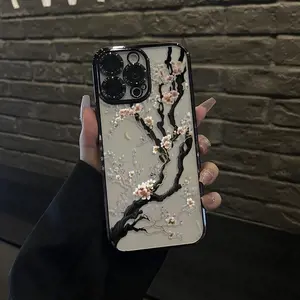 White cherry blossom tree Blooming Pattern Electroplated Mobile Case Camera Lens Protection wildflower cases for iphone 16 15 Pro max case 14 13 12 11 XR XS Plus Shockproof and non-slip silicone transparent acrylic mobile phone protective film