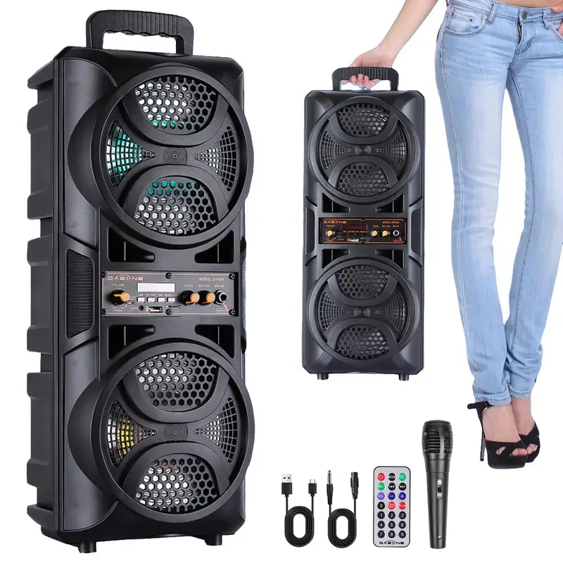 Dazone Bluetooth Karaoke Speaker with Dual 6.5" Subwoofers, Colorful LED Lights, Wired Microphone, Remote Control, FM Radio, MP3 Player, Memory Card Compatibility, Rechargeable Charging Audio Device for Smartphones, Tablets, Bluetooth Speaker, Cable, Stre