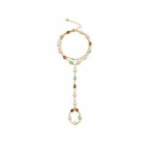 Virelyn B OVAL RESIN LAYERED HAND CHAIN BRACELET, 2 Pcs Vintage Metal Finger Cuff Bracelets, Boho Style Colorful Crystal Hand Chains, Pretty Bracelet, Perfect for Women, Daily Wear, Holiday Gifts