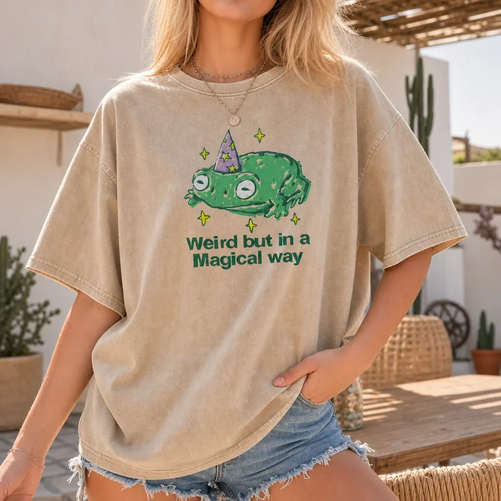 Whimsical Frog Humor Graphic Tee for Women, Washed Cotton Oversized Weirdcore Shirt S-5XL