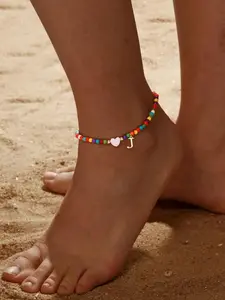 Rainbow Bead Anklet, Stainless Steel Heart Pendant, 26 Letters Az, Bohemian Style Bracelet, Women's Fashion Jewelry, Daily Wear, Boho Anklet