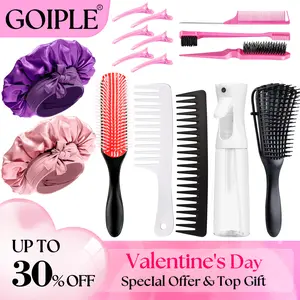 【Valentinesdaygift】Pink Hair Brush Set 17 Counts Detangler Wide Tooth Comb Satin Bonnet Nylon Bristle Brush Edge Tool Kit for Curly Hair Styling Detangling Hairbrush